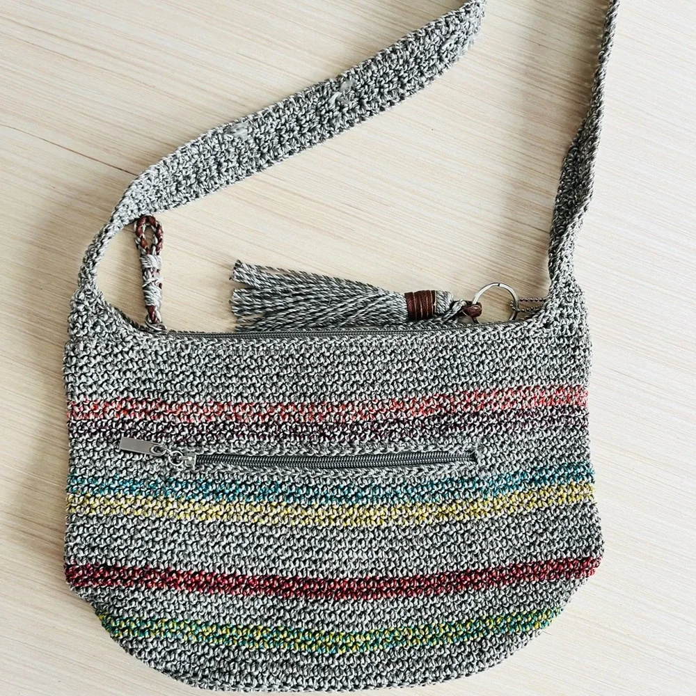 The Sak Multicolor Stripes Gray Crochet Shoulder Bag Purse - Picture 6 of 8